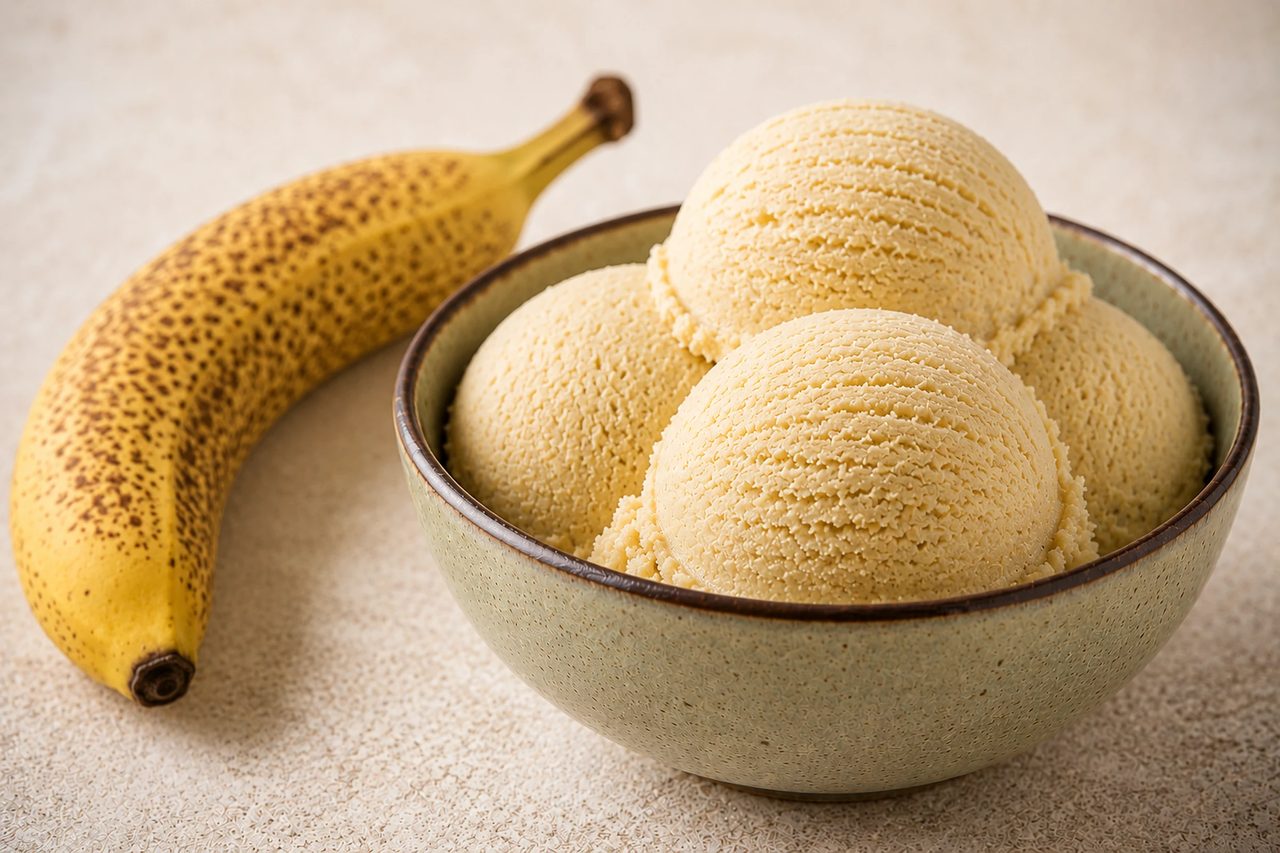 A pint of pale gold banana nice cream with soft ripples, scooped into a chilled bowl beside a heavily speckled banana.