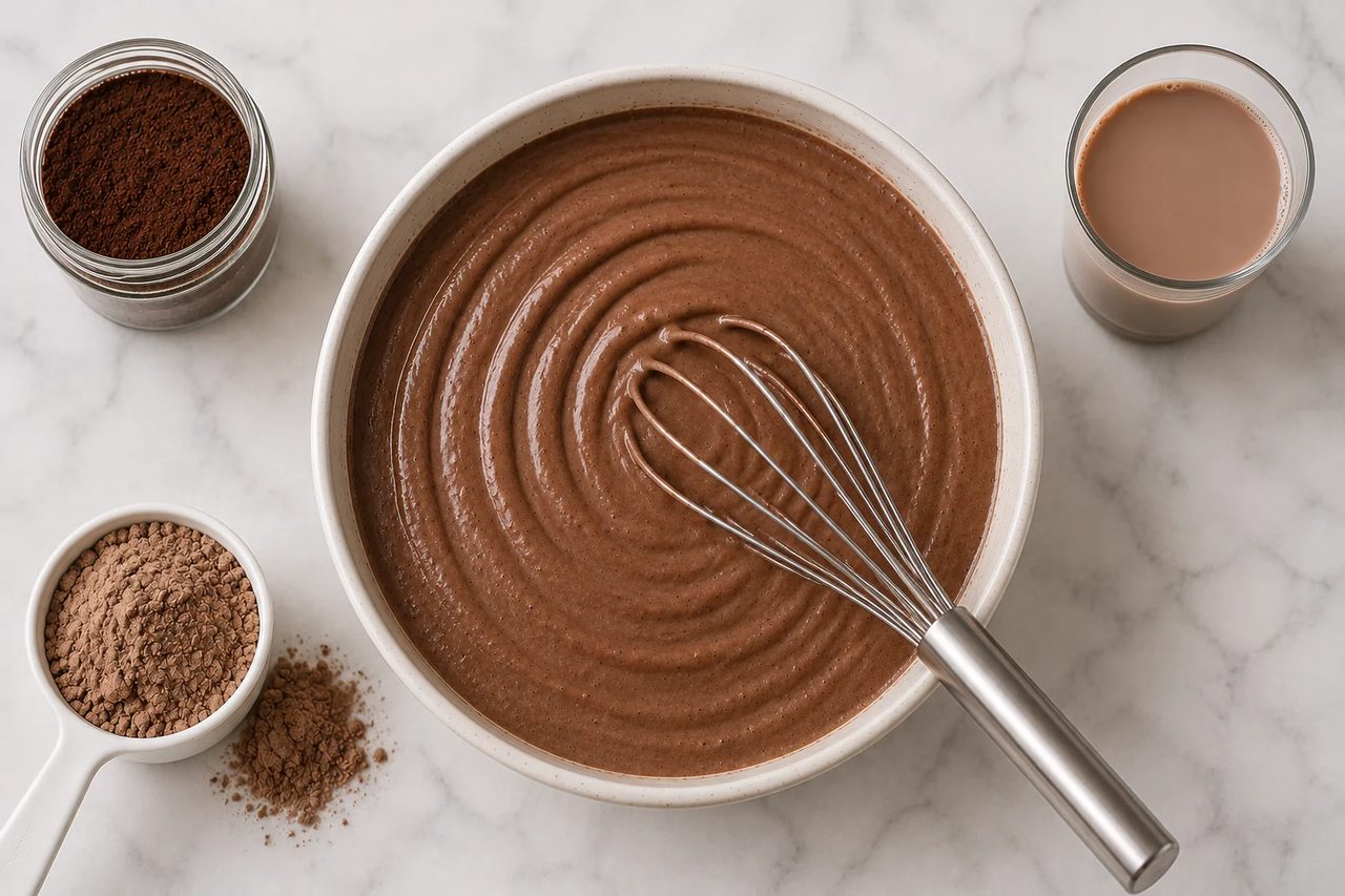Overhead view of the chocolate ice cream base whisked smooth in a cream bowl, with a jar of cocoa powder, a glass of chocolate milk, and a cup of chocolate protein powder alongside on marble.