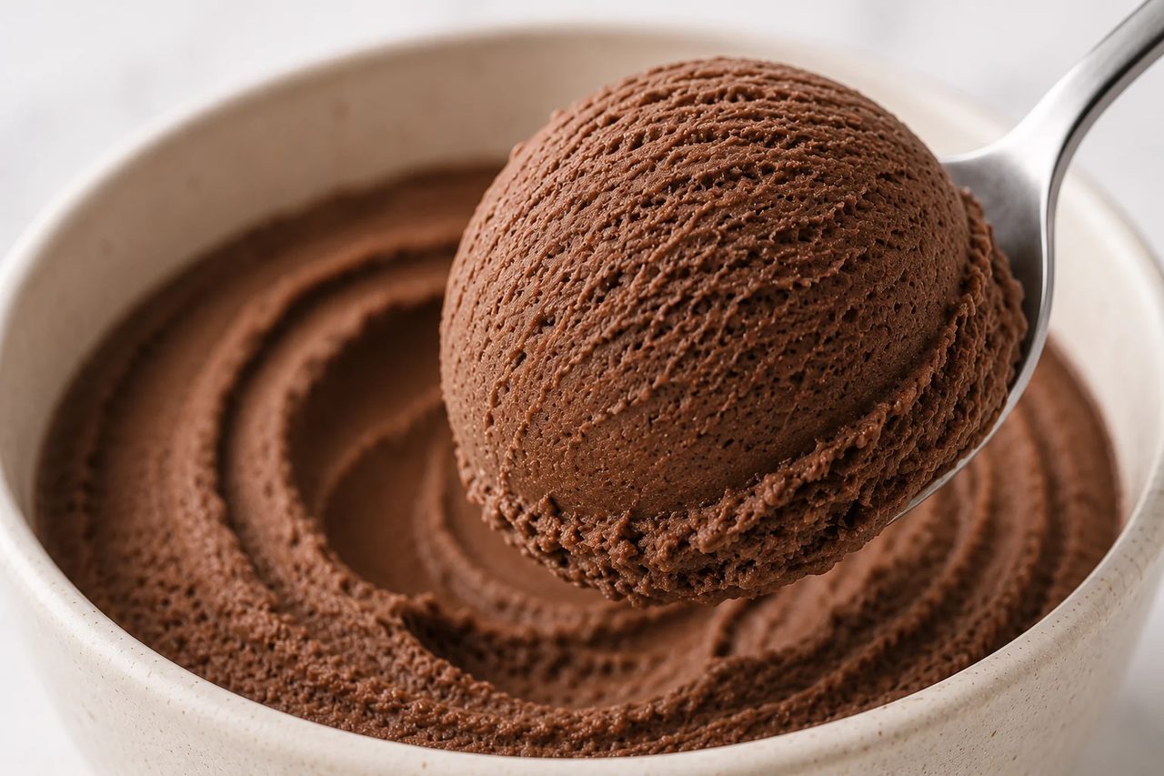 Close-up of a spoon lifting a rounded scoop of dark chocolate protein ice cream, showing its fine, soft grain above the rest of the pint.