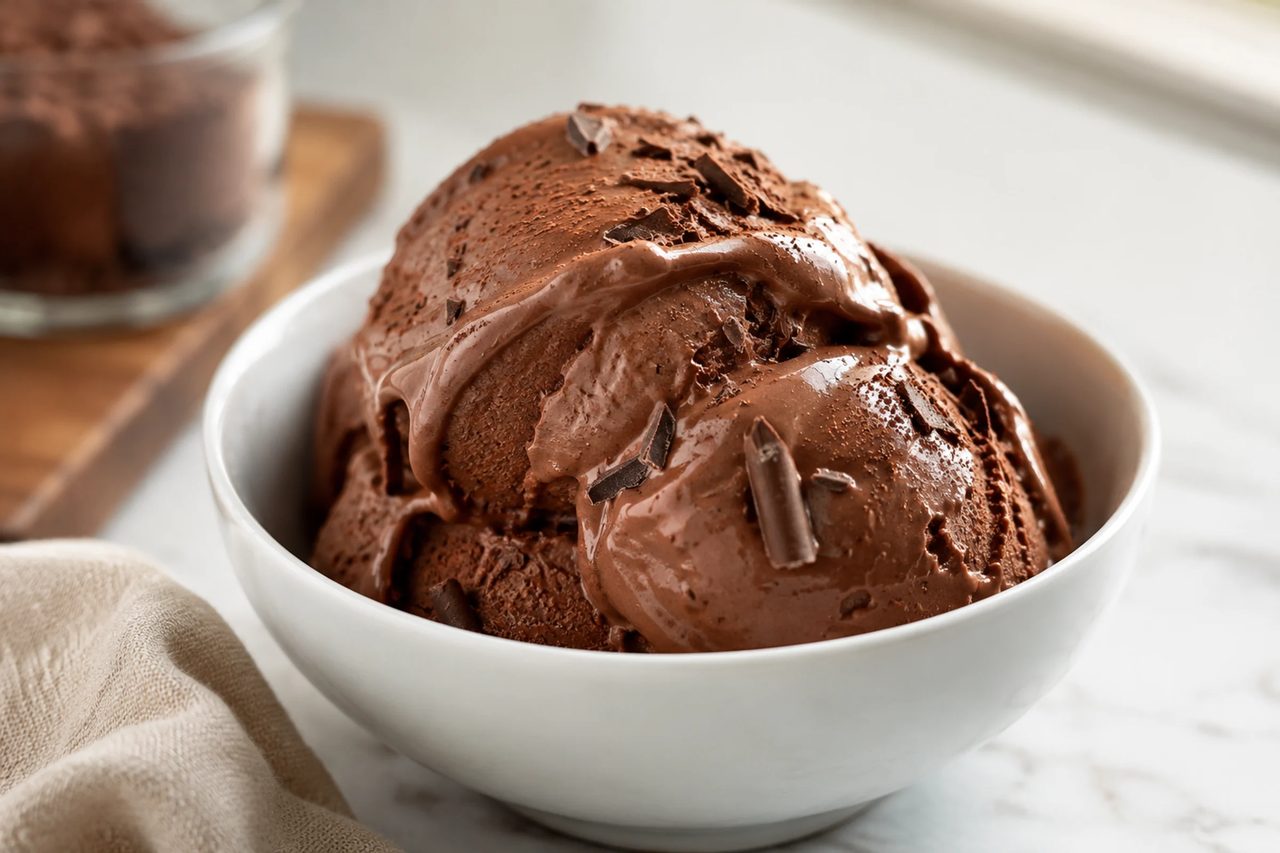 A pint of dark chocolate protein ice cream with glossy swirls and a scoop resting on top.