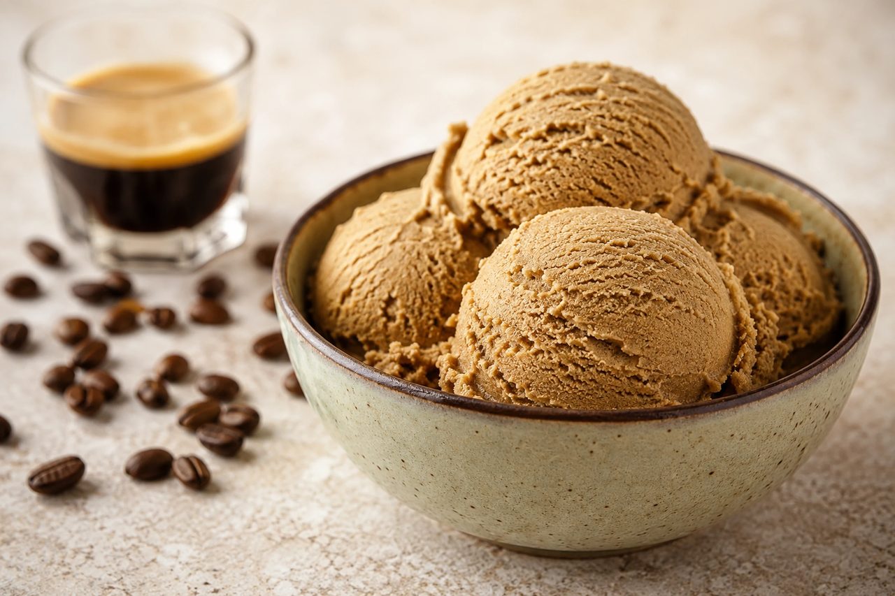 A pint of dense caramel-brown coffee gelato with a smooth, tightly packed surface and one deep scoop lifted out of the middle.