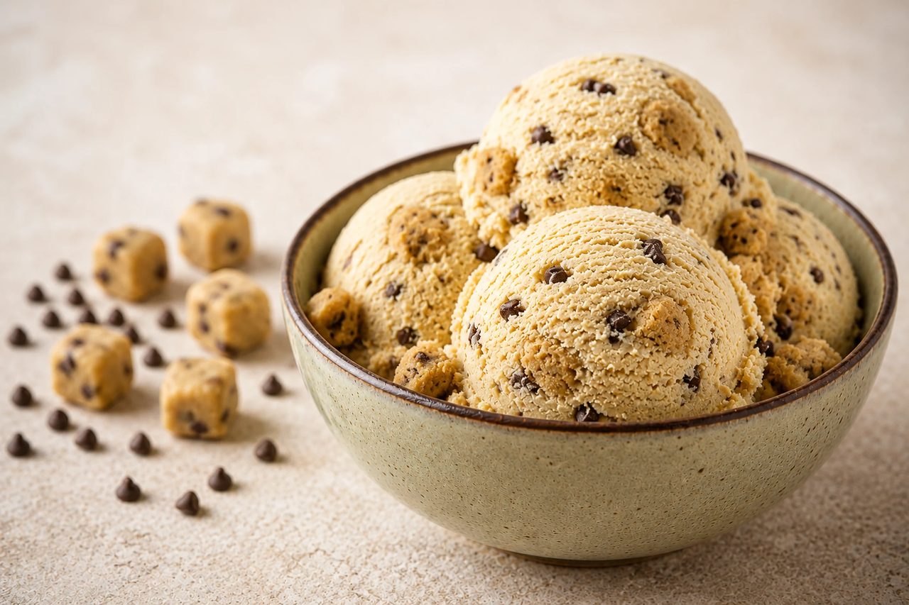 A pint of pale golden cookie dough ice cream studded with chunks of edible cookie dough and mini chocolate chips.