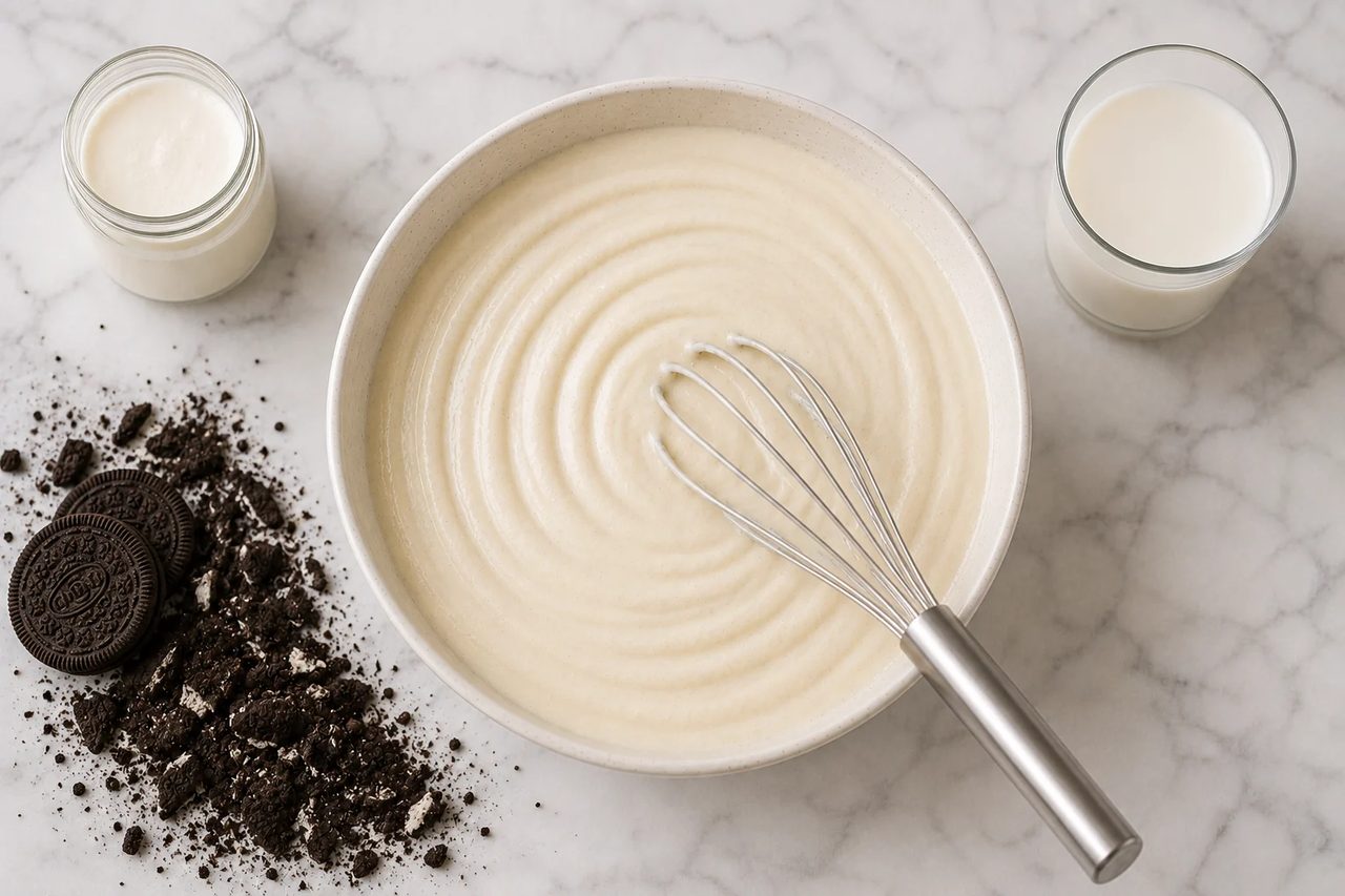 Overhead view of the cookies and cream base whisked smooth in a bowl, with a stack of chocolate sandwich cookies and their crumbs, a glass of milk, and a jar of heavy cream alongside on marble.