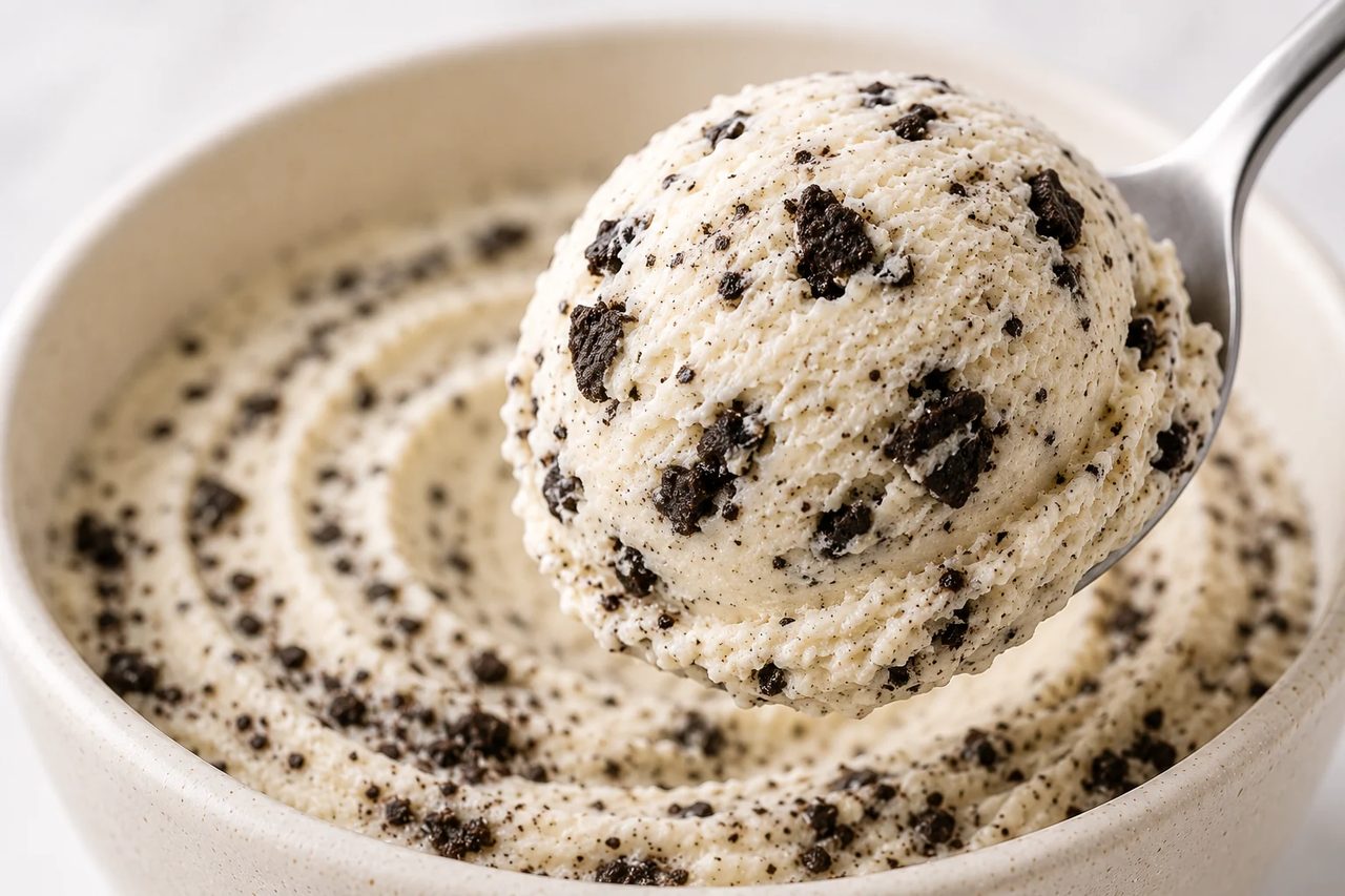 Close-up of a spoon lifting a scoop of pale cream ice cream packed with dark chocolate sandwich cookie shards from a speckled stoneware bowl.