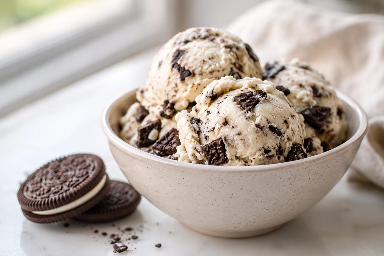 A pint of creamy vanilla ice cream shot through with dark chocolate sandwich cookie crumbs.