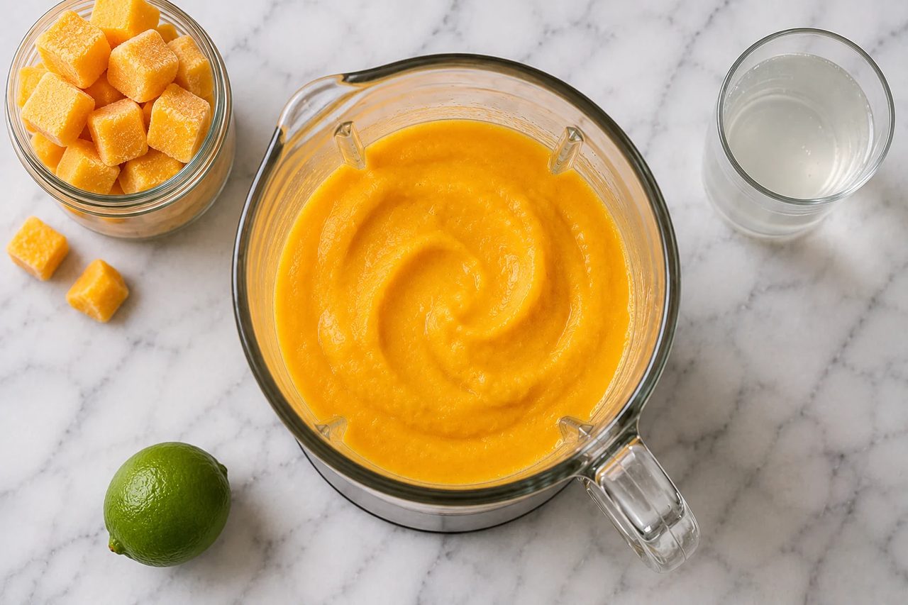 Overhead view of smooth golden-orange mango sorbet base blended in a glass blender jar, with a jar of frozen mango cubes, a glass of coconut water, and a fresh lime alongside on marble.