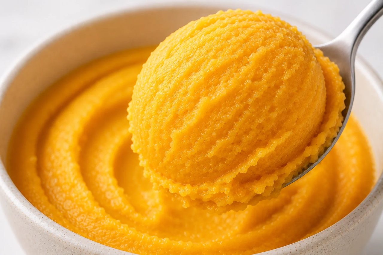 Close-up of a spoon lifting a scoop of vibrant golden-orange mango sorbet, showing its soft, icy texture above the rest of the pint.