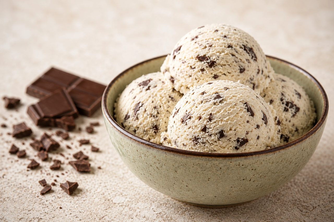 A pint of pale ivory mint ice cream shot through with dark chocolate shards, with a rounded scoop lifted from the surface.