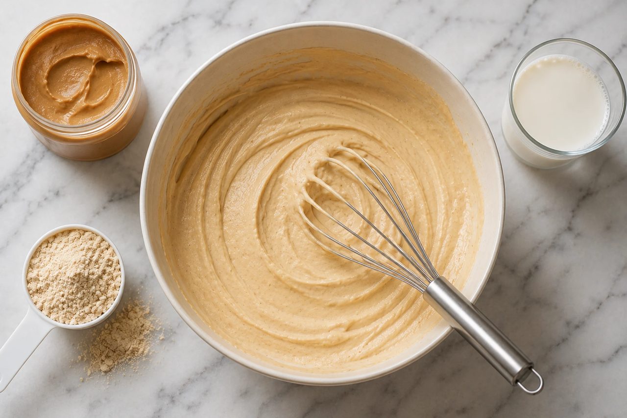 Overhead view of the peanut butter ice cream base whisked smooth in a bowl, with a jar of peanut butter, a cup of protein powder, and a glass of milk alongside on marble.