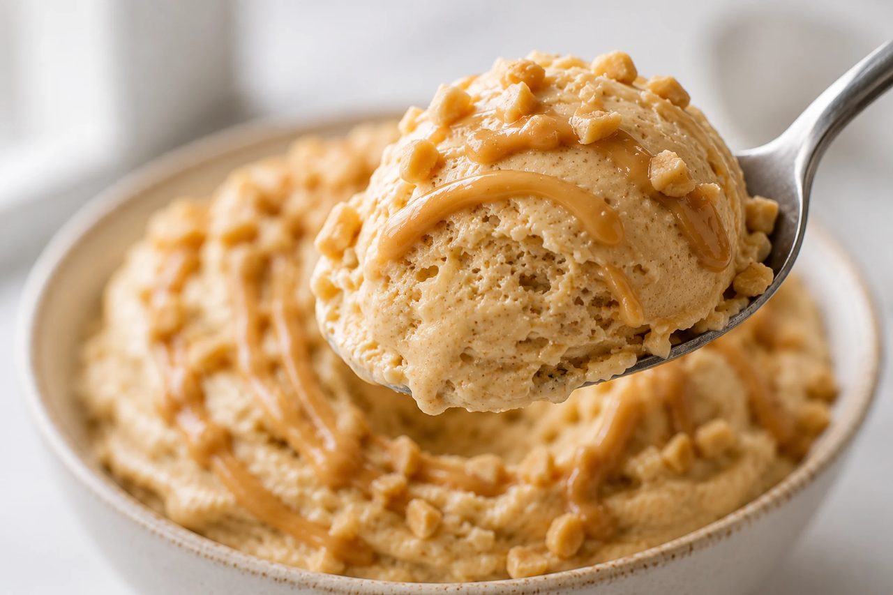 Close-up of a spoon lifting a scoop of creamy peanut butter protein ice cream, showing its soft, smooth texture.