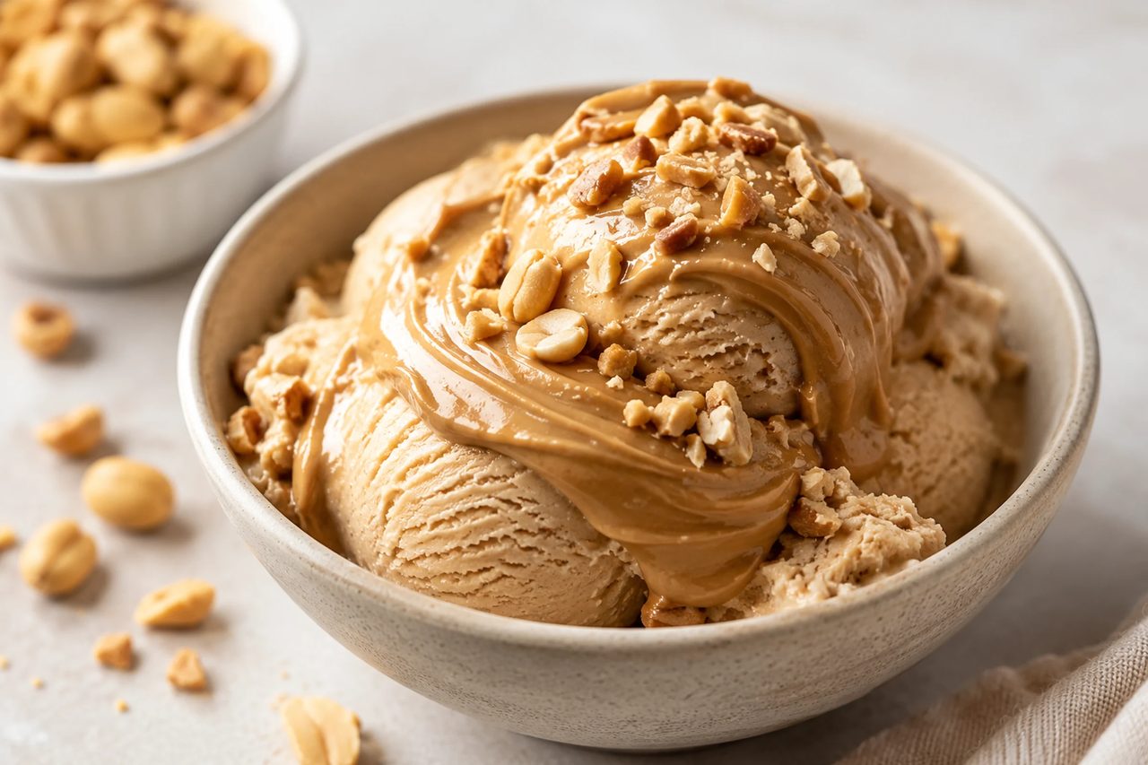 A pint of light tan peanut butter protein ice cream with soft swirls and a scoop resting on top.