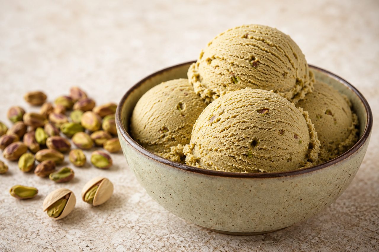 A pint of pale khaki-green pistachio gelato scooped into a chilled bowl, flecked with chopped pistachios and drizzled with honey.