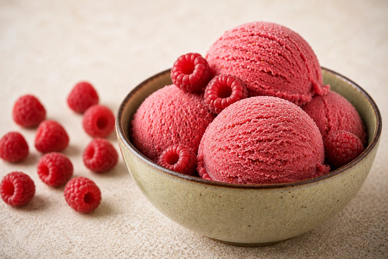 A pint of deep pink raspberry sorbet with soft ripples, scooped into a chilled bowl and topped with a few fresh raspberries.