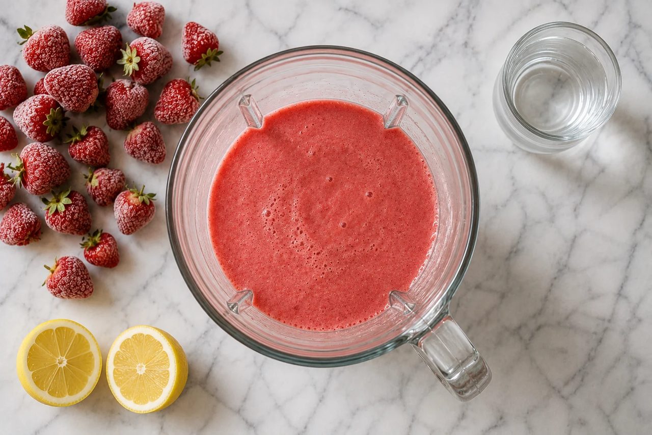 Overhead view of bright pink strawberry puree blended smooth in a glass jar, with frost-covered whole strawberries scattered on the marble, a glass of water, and two lemon halves alongside.