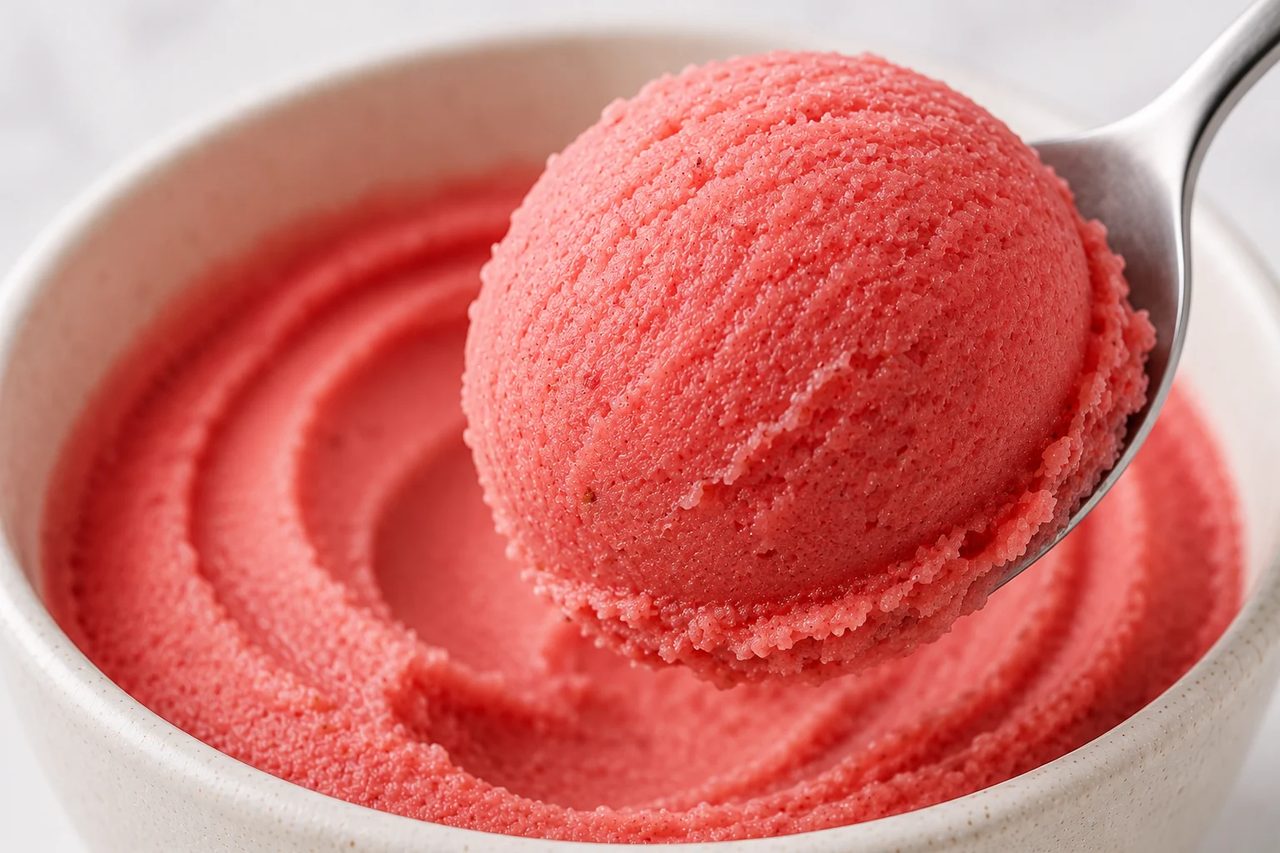 Close-up of a spoon lifting a rounded scoop of bright pink strawberry sorbet from a speckled bowl, its fine icy grain flecked with tiny berry seeds.