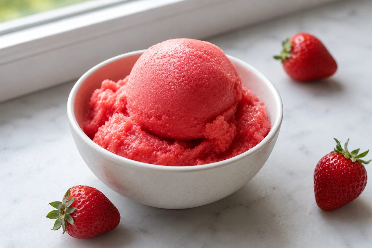 A pint of bright pink strawberry sorbet with soft ripples, scooped into a chilled bowl and topped with a fresh strawberry.