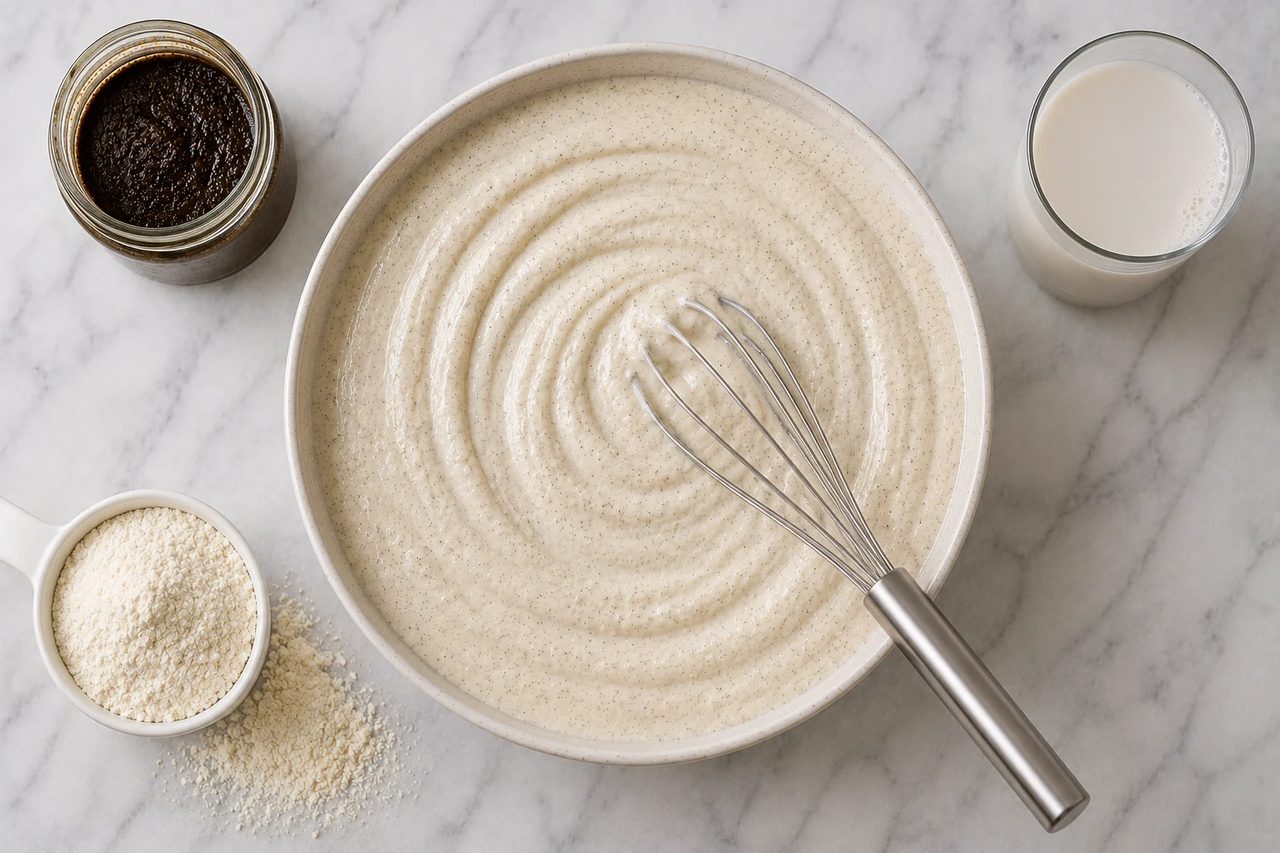Overhead view of a pale vanilla ice cream base whisked smooth in a cream bowl and flecked with black vanilla seeds, with a jar of vanilla bean paste, a glass of almond milk, and a cup of protein powder alongside on marble.