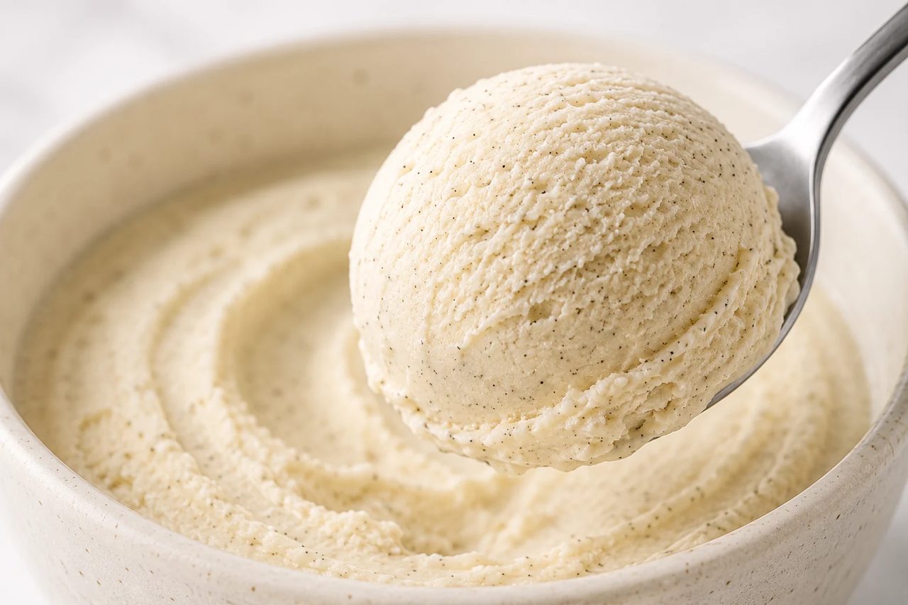 Close-up of a spoon lifting a rounded scoop of pale vanilla bean ice cream speckled with black seeds, its soft aerated texture clear above the rippled pint below.