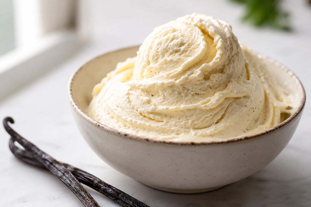 A bowl of creamy vanilla bean protein ice cream with visible vanilla flecks and a soft swirl, with vanilla pods resting beside it on a marble surface.